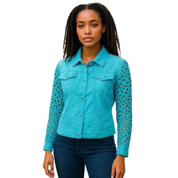 Just B Turquoise Eyelet Embroidered Jacket Size S | Floral Lace Sleeves & Beaded - Picture 10 of 10